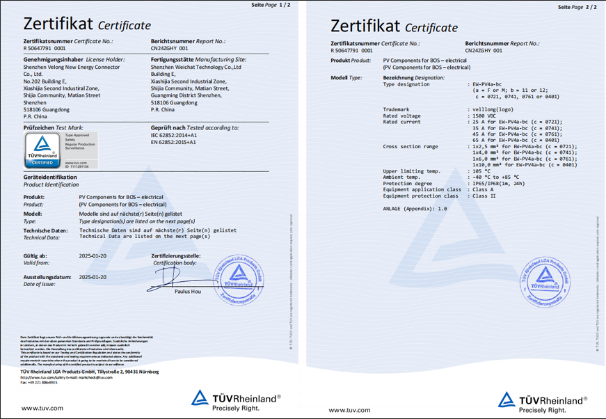 MC4 connector certification requirements and standards